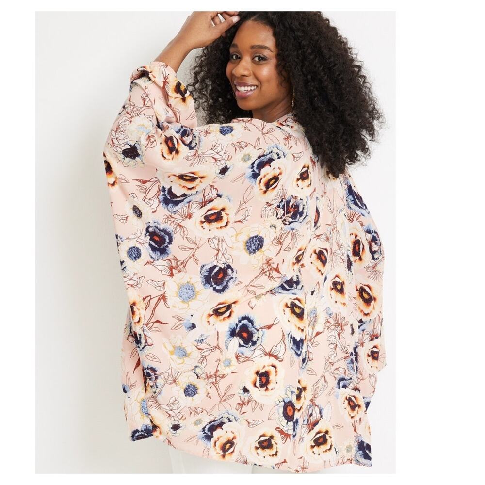 Maurices Pink Floral Peasant Sleeve Kimono XL Large Boho Spring Cover Up Cottage - Picture 2 of 13